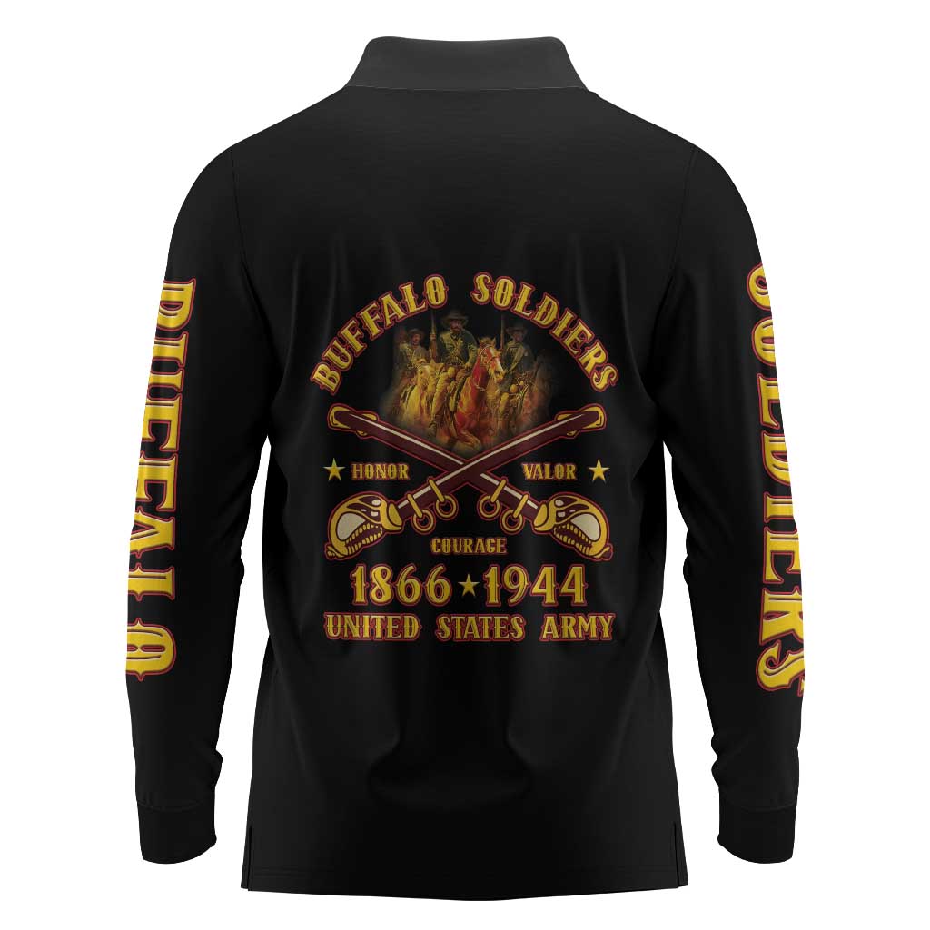 Honor Buffalo Soldiers Long Sleeve Polo Shirt African American Cavalry Black Version - African Pride