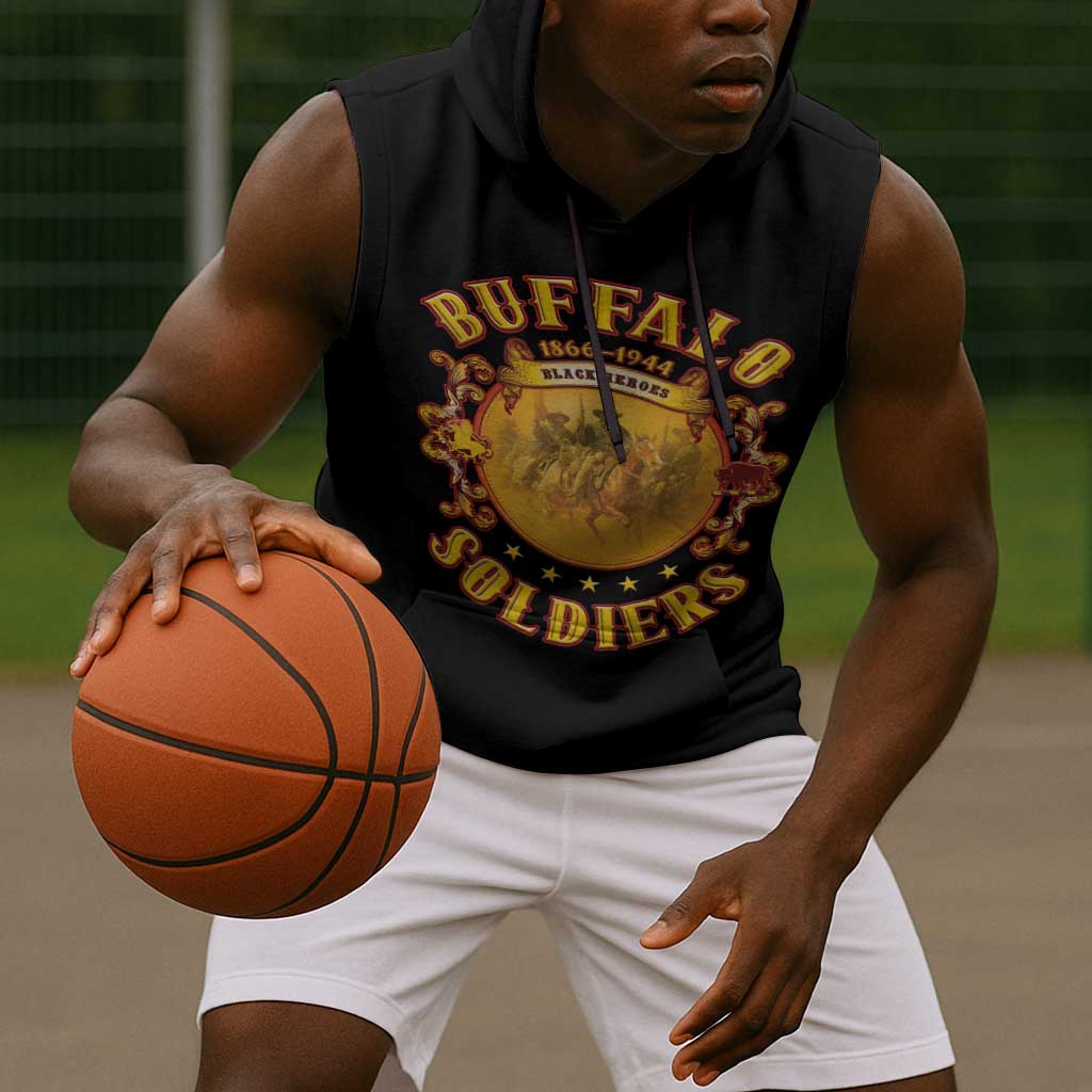 Honor Buffalo Soldiers Sleeveless Hoodie African American Cavalry Black Version - African Pride