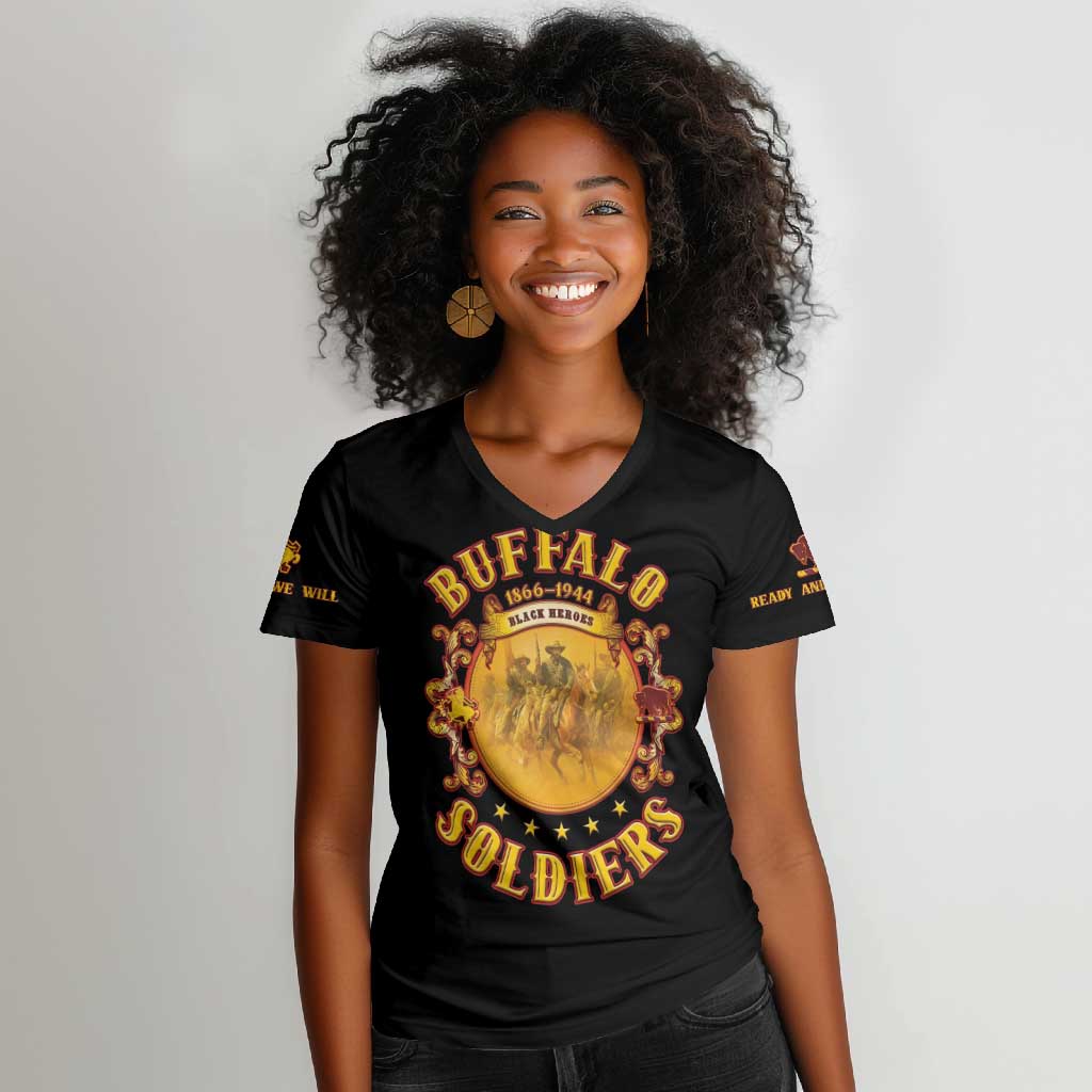 Honor Buffalo Soldiers Women V-Neck T-Shirt African American Cavalry Black Version - African Pride