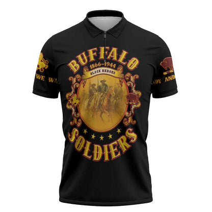 Honor Buffalo Soldiers Zipper Polo Shirt African American Cavalry Black Version