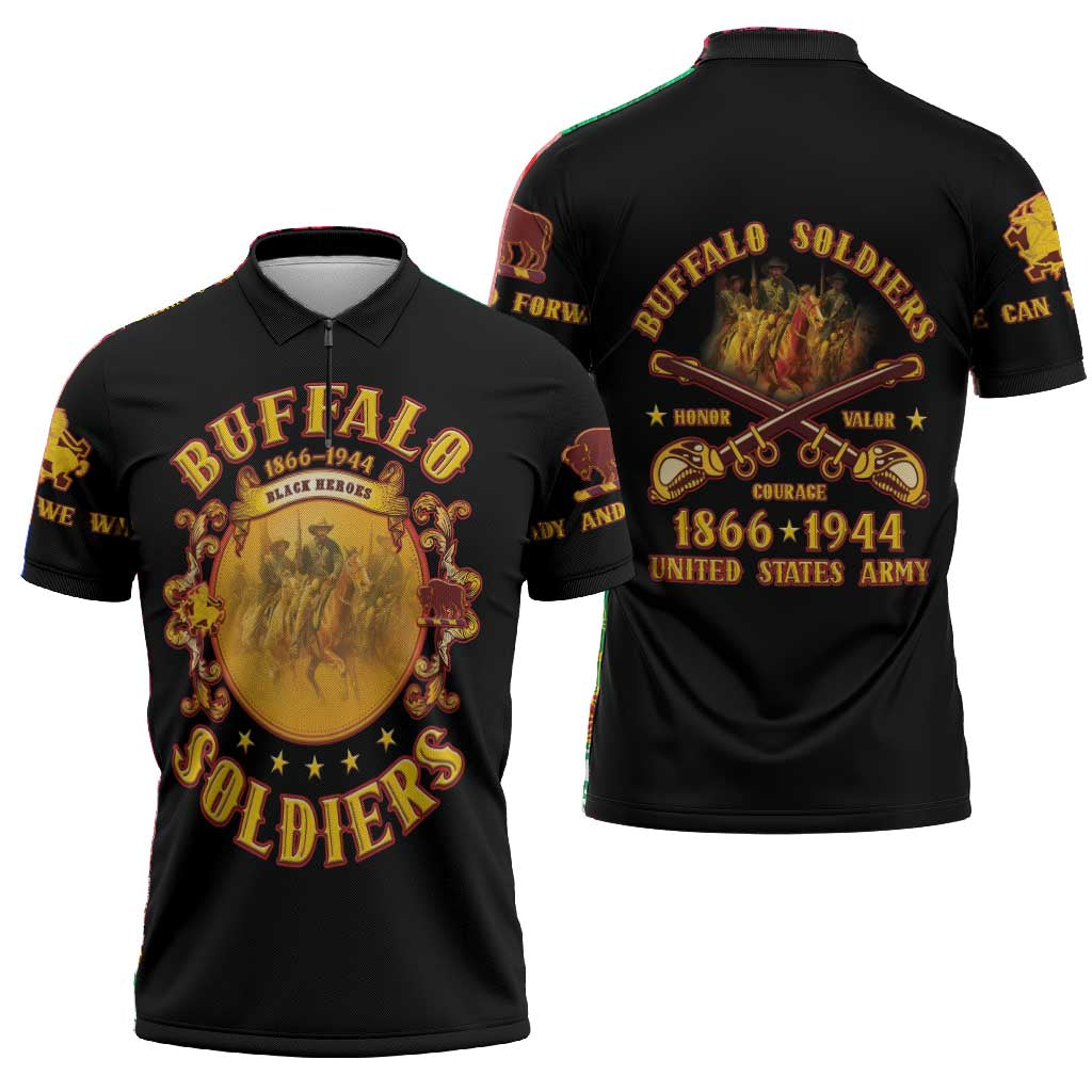 Honor Buffalo Soldiers Zipper Polo Shirt African American Cavalry Black Version