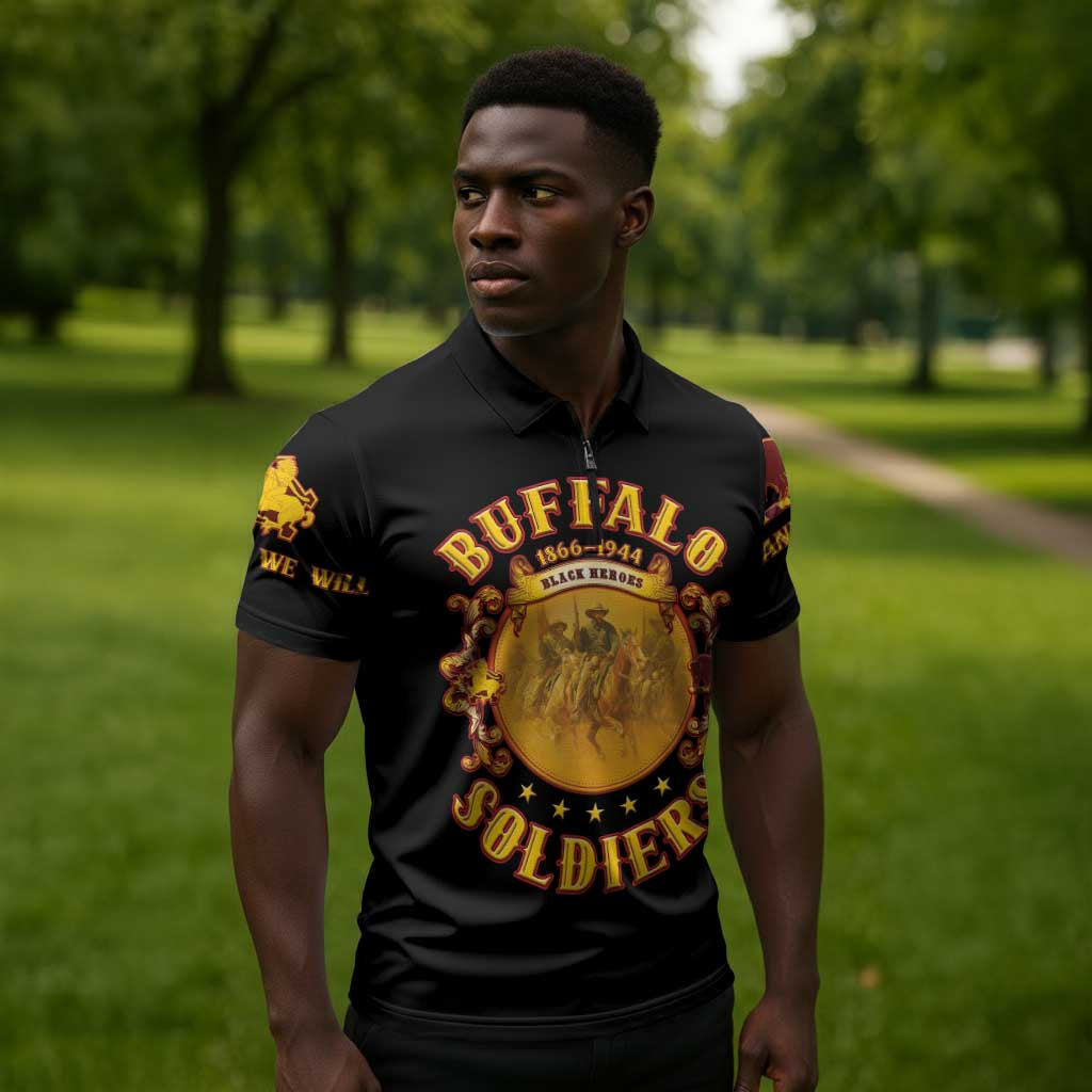 Honor Buffalo Soldiers Zipper Polo Shirt African American Cavalry Black Version