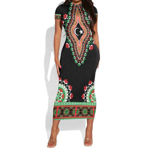 Libya Barbary Lion Short Sleeve Bodycon Dress Dashiki Simple Style