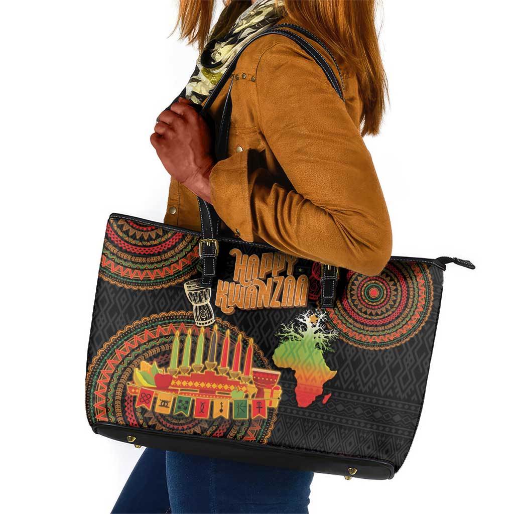 Kwanzaa Kinara Candles Leather Tote Bag African Tribal Pattern