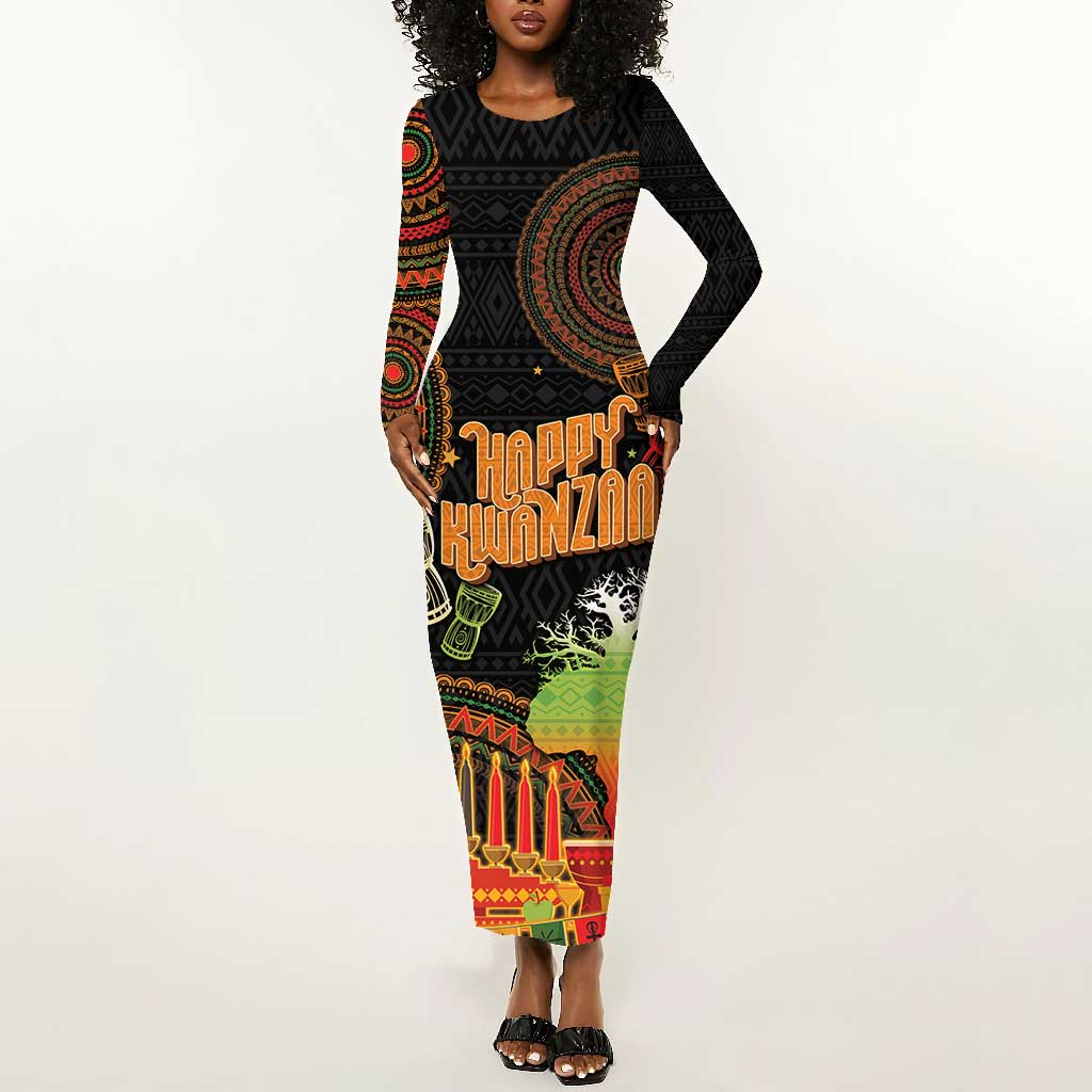 Kwanzaa Kinara Candles Long Sleeve Bodycon Dress African Tribal Pattern