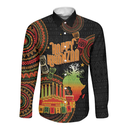 Kwanzaa Kinara Candles Long Sleeve Button Shirt African Tribal Pattern