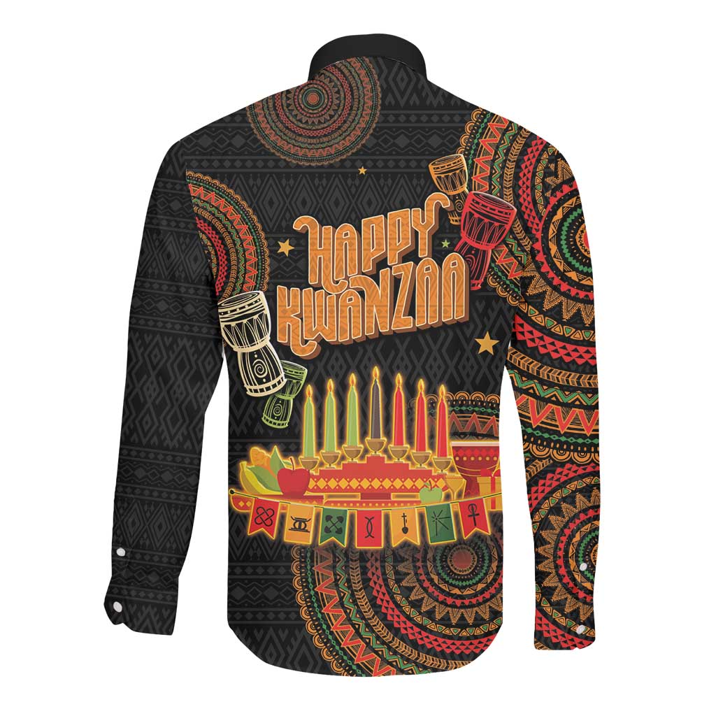 Kwanzaa Kinara Candles Long Sleeve Button Shirt African Tribal Pattern