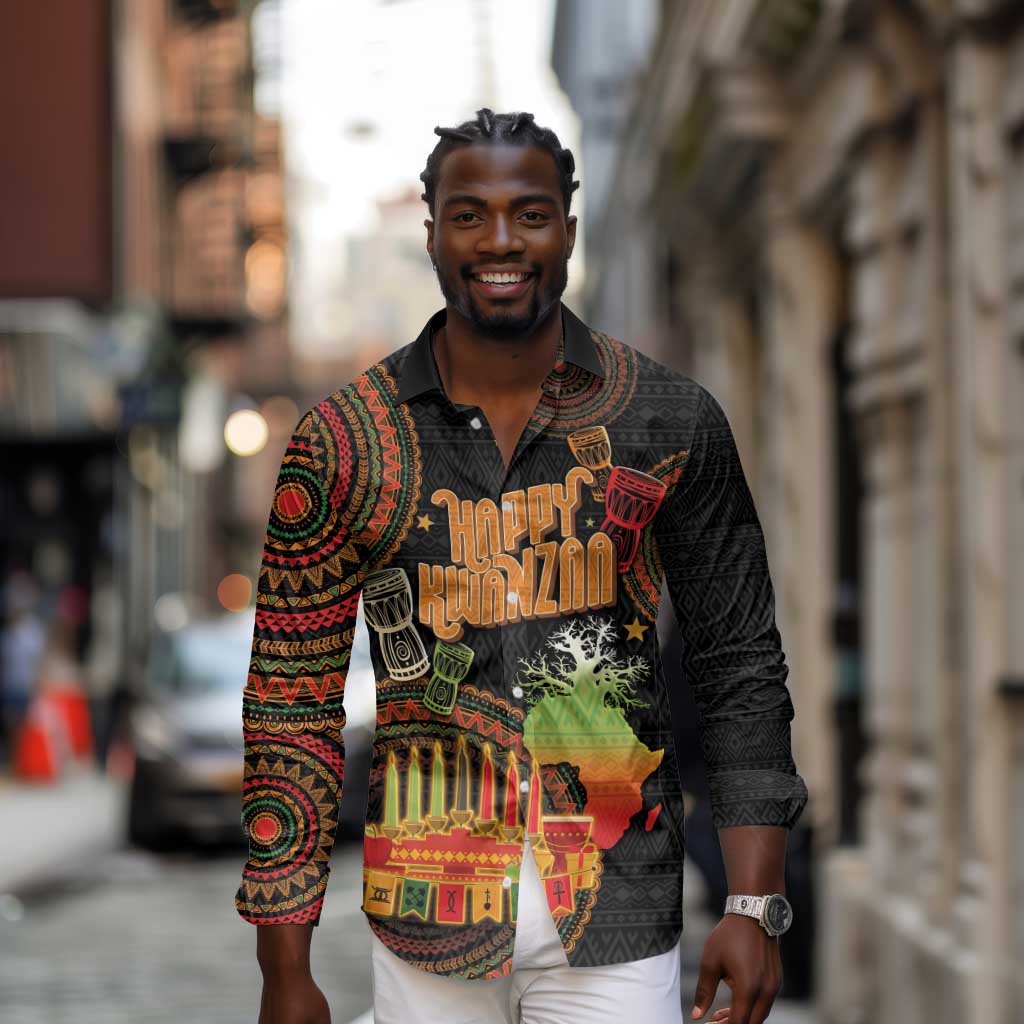 Kwanzaa Kinara Candles Long Sleeve Button Shirt African Tribal Pattern