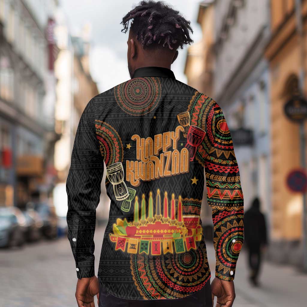Kwanzaa Kinara Candles Long Sleeve Button Shirt African Tribal Pattern