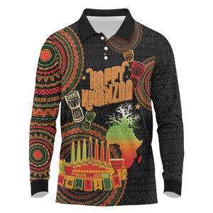 Kwanzaa Kinara Candles Long Sleeve Polo Shirt African Tribal Pattern