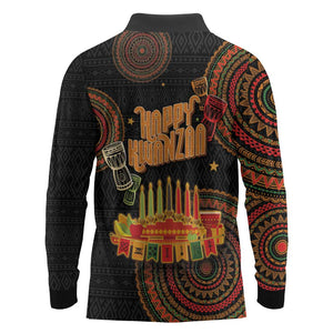 Kwanzaa Kinara Candles Long Sleeve Polo Shirt African Tribal Pattern