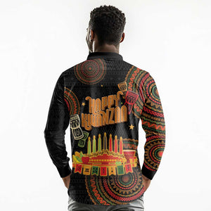 Kwanzaa Kinara Candles Long Sleeve Polo Shirt African Tribal Pattern