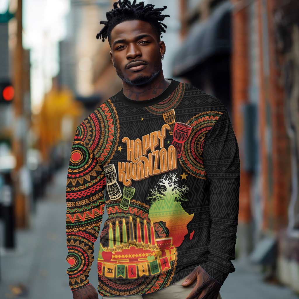 Kwanzaa Kinara Candles Long Sleeve Shirt African Tribal Pattern
