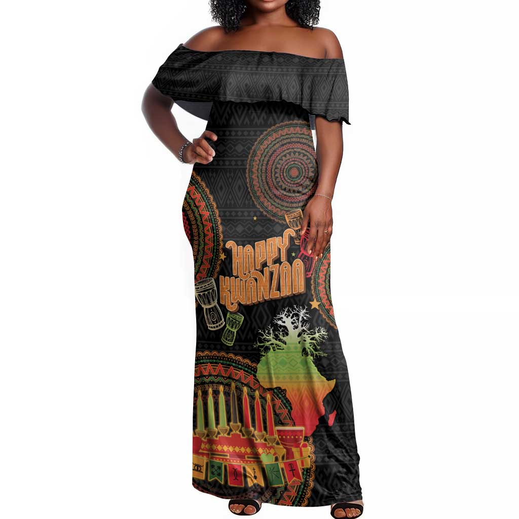 Kwanzaa Kinara Candles Off Shoulder Maxi Dress African Tribal Pattern