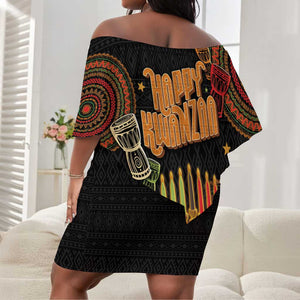 Kwanzaa Kinara Candles Off Shoulder Short Dress African Tribal Pattern