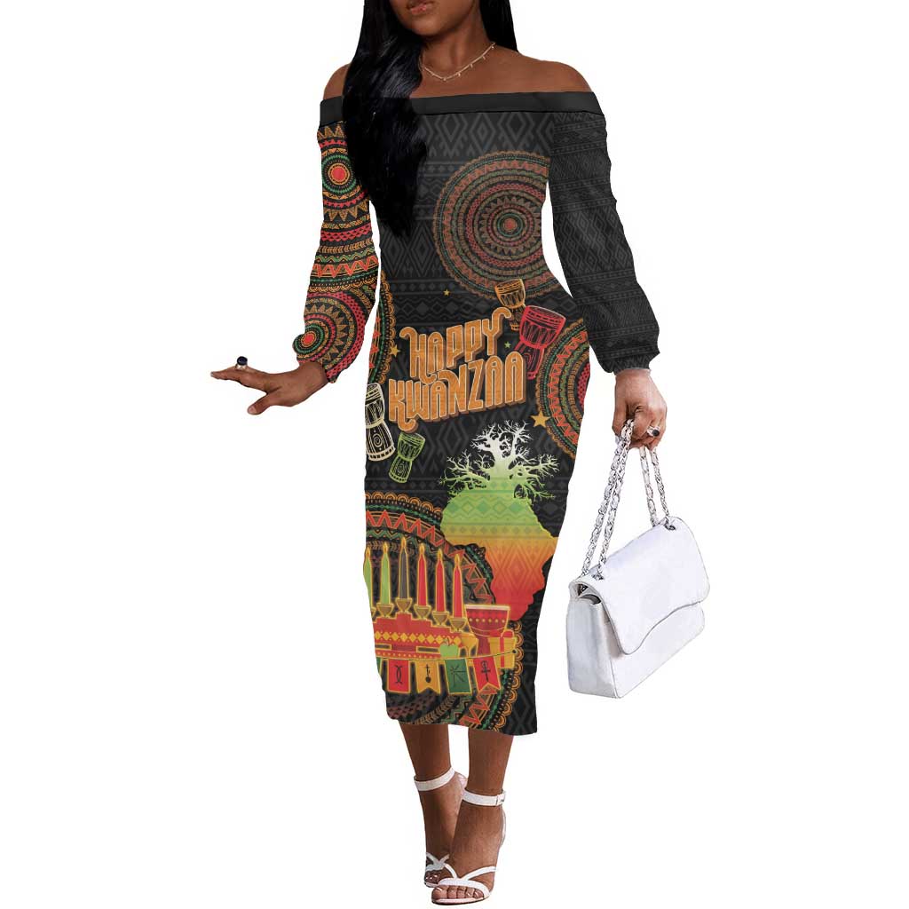 Kwanzaa Kinara Candles Off The Shoulder Long Sleeve Dress African Tribal Pattern