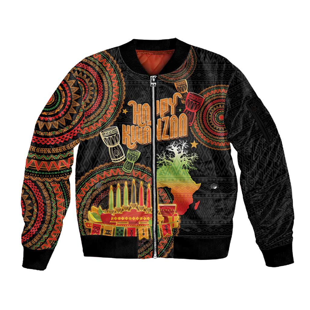 Kwanzaa Kinara Candles Sleeve Zip Bomber Jacket African Tribal Pattern