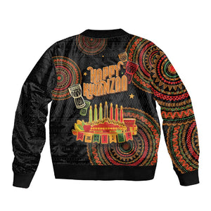 Kwanzaa Kinara Candles Sleeve Zip Bomber Jacket African Tribal Pattern