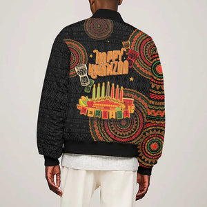 Kwanzaa Kinara Candles Sleeve Zip Bomber Jacket African Tribal Pattern