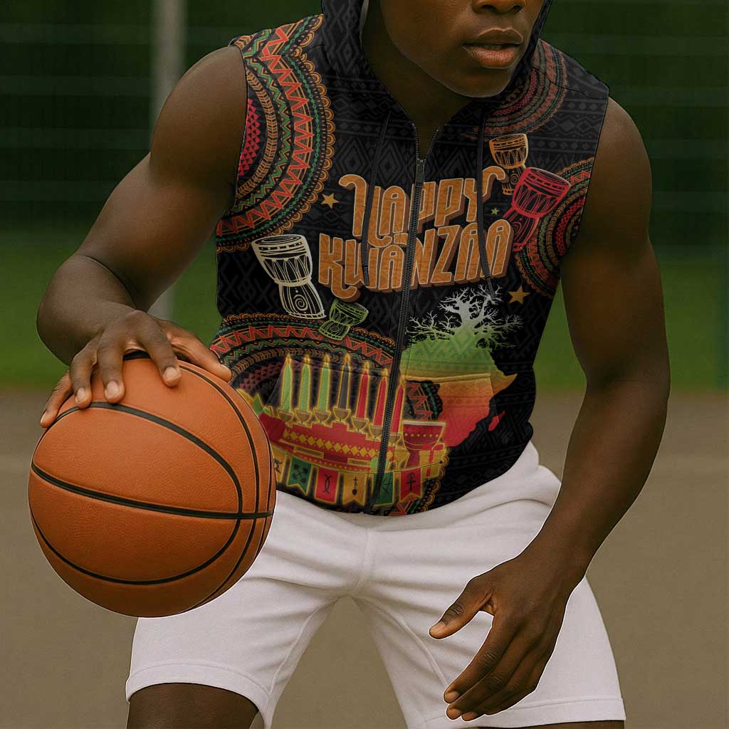 Kwanzaa Kinara Candles Sleeveless Zip Hoodie African Tribal Pattern - African Pride