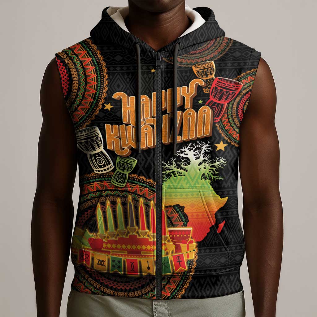 Kwanzaa Kinara Candles Sleeveless Zip Hoodie African Tribal Pattern - African Pride