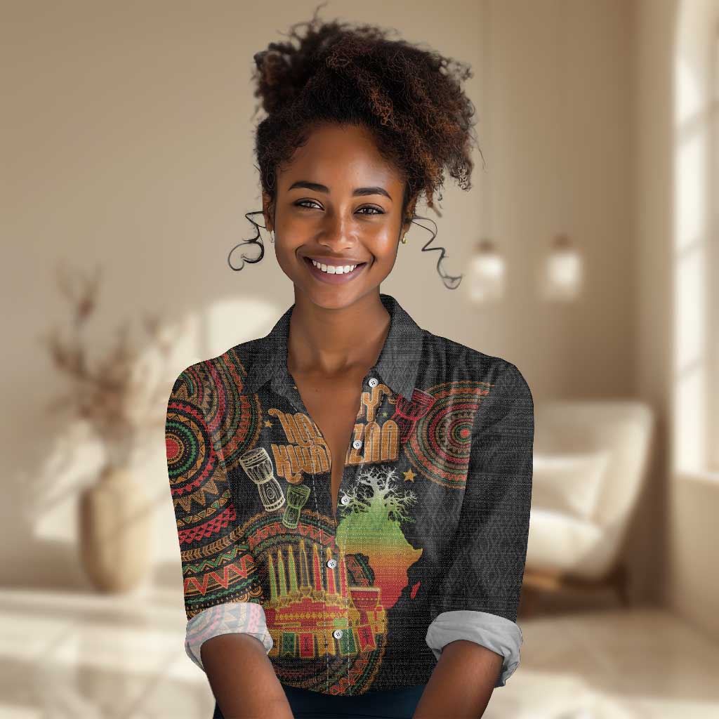 Kwanzaa Kinara Candles Women Casual Shirt African Tribal Pattern