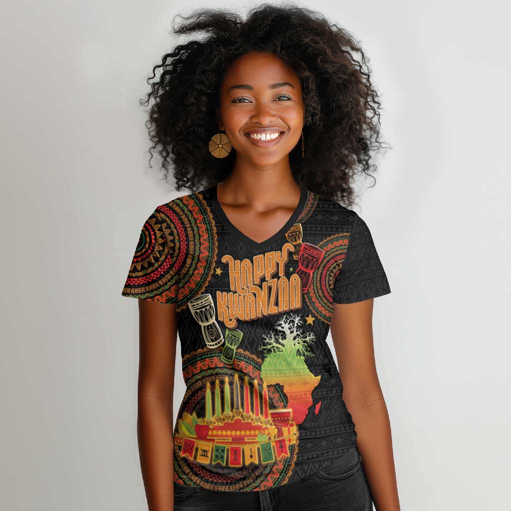 Kwanzaa Kinara Candles Women V-Neck T-Shirt African Tribal Pattern