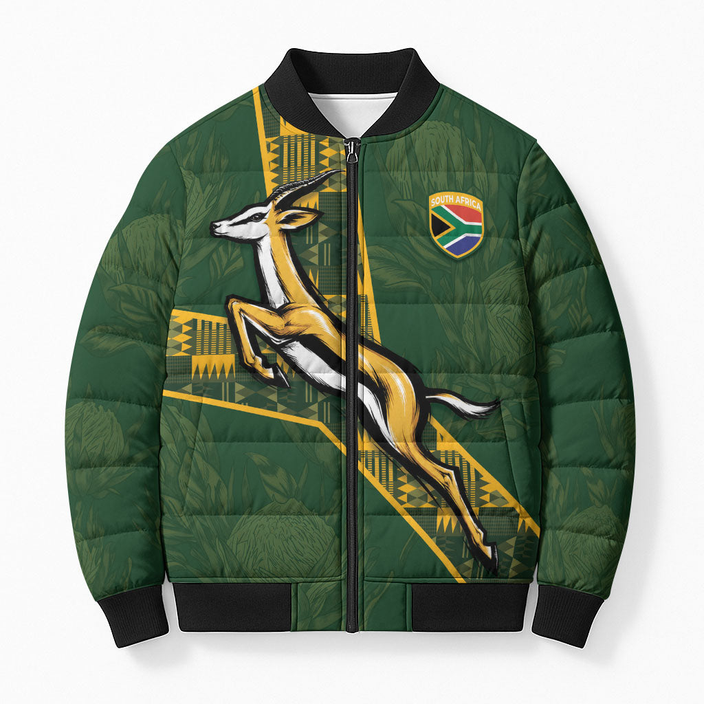 Custom Rugby South Africa Bomber Puffer Jacket Go Bokke With Protea Pattern