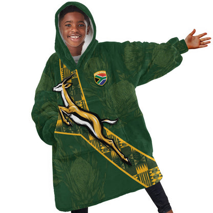 Custom Rugby South Africa Kid Wearable Blanket Hoodie Go Bokke With Protea Pattern