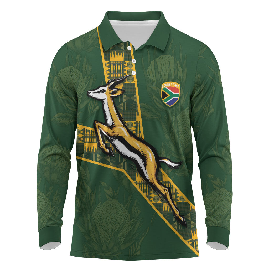 Custom Rugby South Africa Long Sleeve Polo Shirt Go Bokke With Protea Pattern