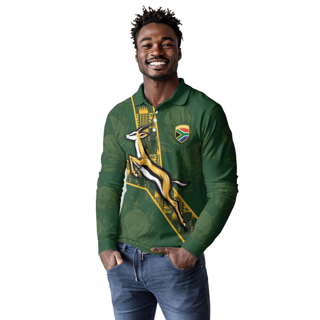 Custom Rugby South Africa Long Sleeve Polo Shirt Go Bokke With Protea Pattern