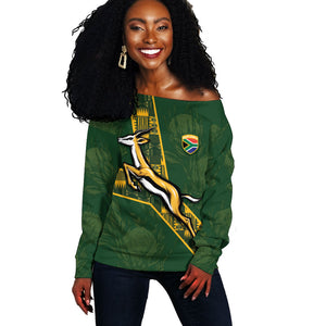 Custom Rugby South Africa Off Shoulder Sweater Go Bokke With Protea Pattern