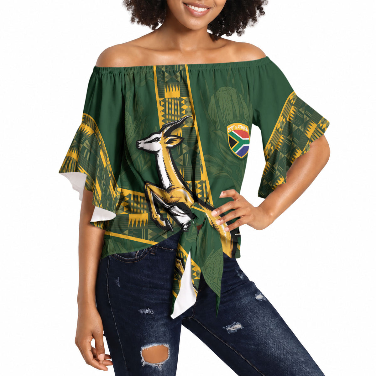 Custom Rugby South Africa Off Shoulder Wrap Waist Top Go Bokke With Protea Pattern