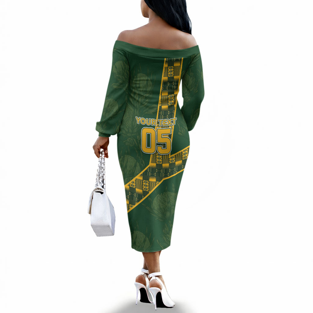 Custom Rugby South Africa Off The Shoulder Long Sleeve Dress Go Bokke With Protea Pattern