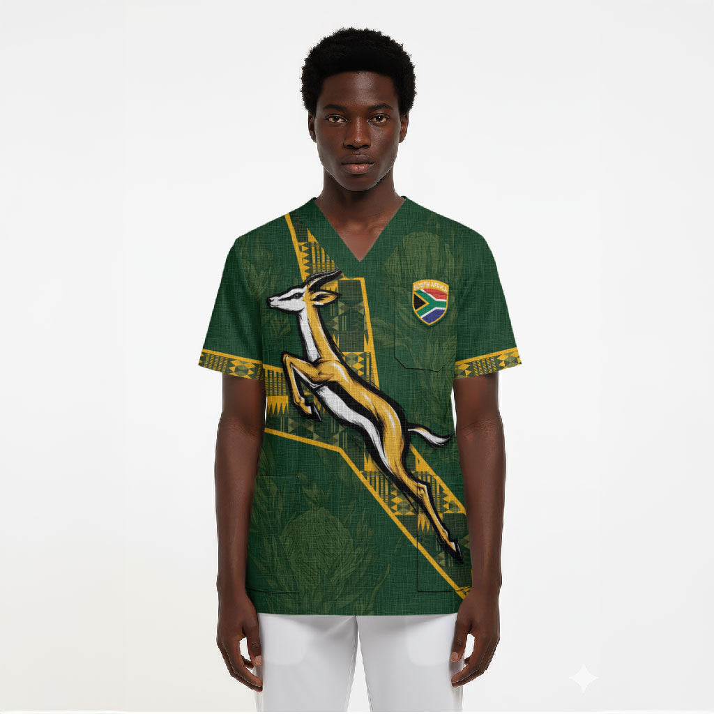Custom Rugby South Africa Scrub Top Go Bokke With Protea Pattern