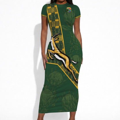 Custom Rugby South Africa Short Sleeve Bodycon Dress Go Bokke With Protea Pattern