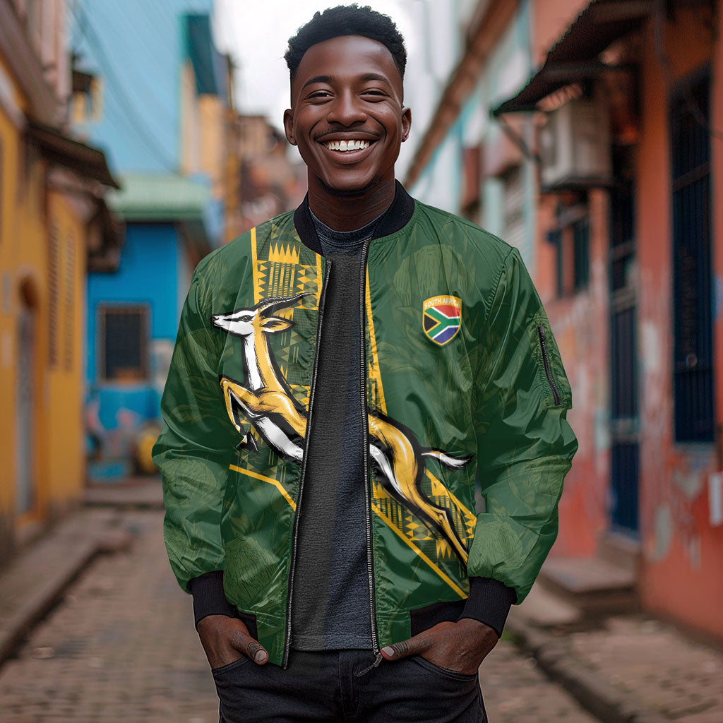 Custom Rugby South Africa Sleeve Zip Bomber Jacket Go Bokke With Protea Pattern