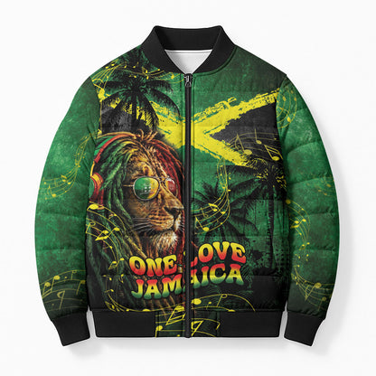 One Love Jamaica Bomber Puffer Jacket Rastafarian Lion Reggae Grunge Style