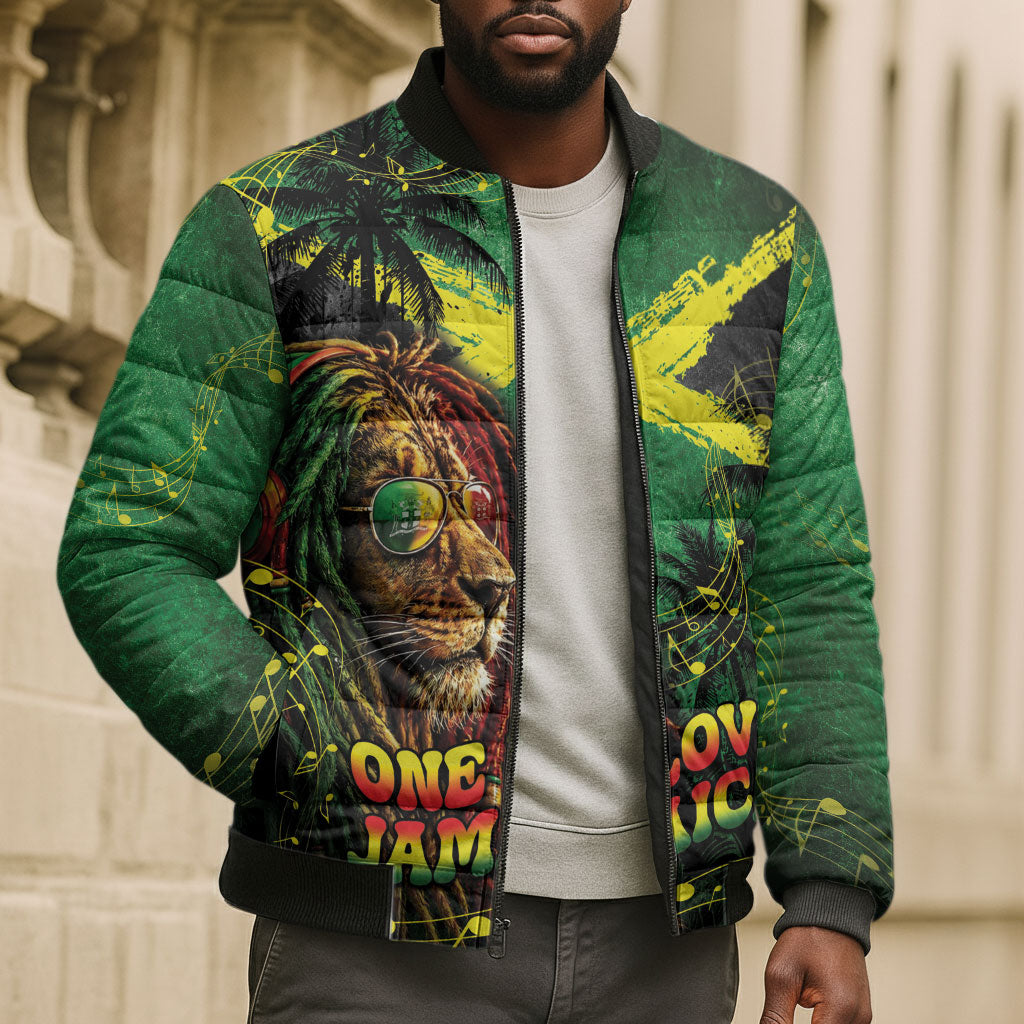 One Love Jamaica Bomber Puffer Jacket Rastafarian Lion Reggae Grunge Style