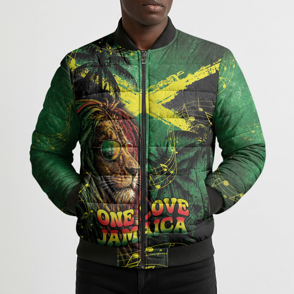 One Love Jamaica Bomber Puffer Jacket Rastafarian Lion Reggae Grunge Style
