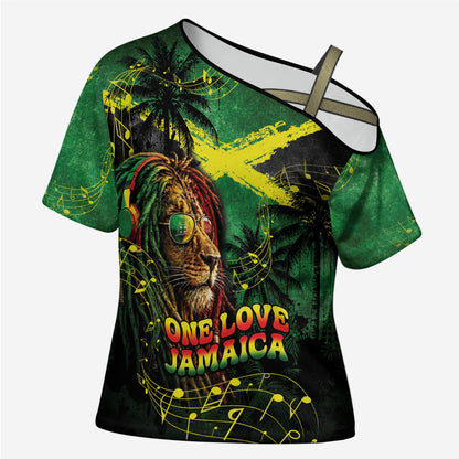 One Love Jamaica Cross Shoulder Shirt Rastafarian Lion Reggae Grunge Style