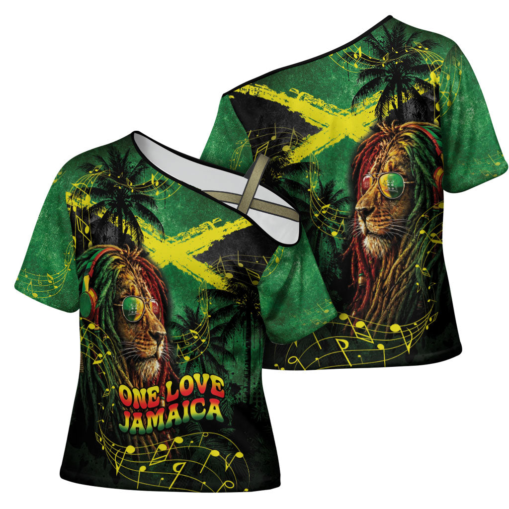 One Love Jamaica Cross Shoulder Shirt Rastafarian Lion Reggae Grunge Style