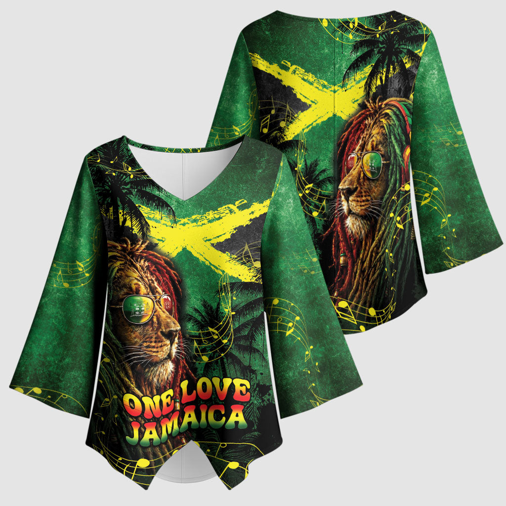 One Love Jamaica Kimono Sleeve Blouse Rastafarian Lion Reggae Grunge Style