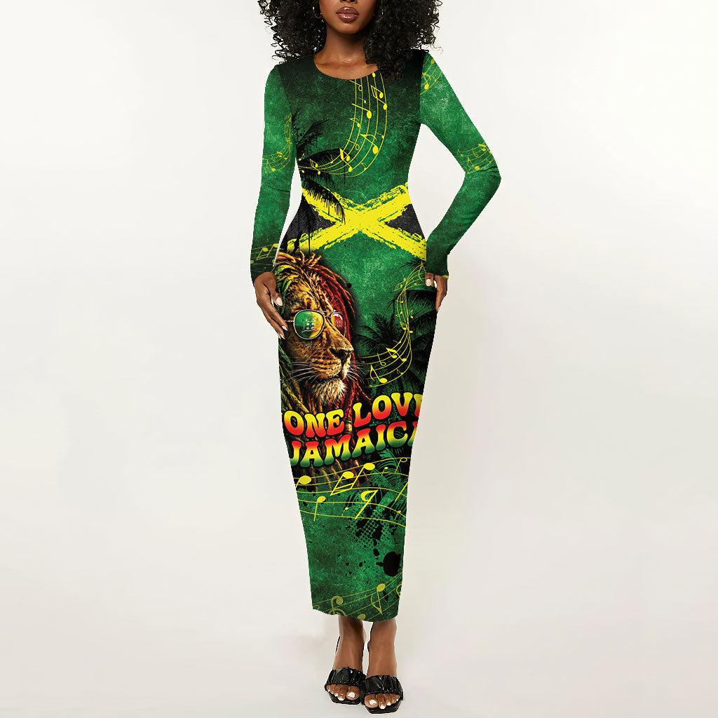 One Love Jamaica Long Sleeve Bodycon Dress Rastafarian Lion Reggae Grunge Style