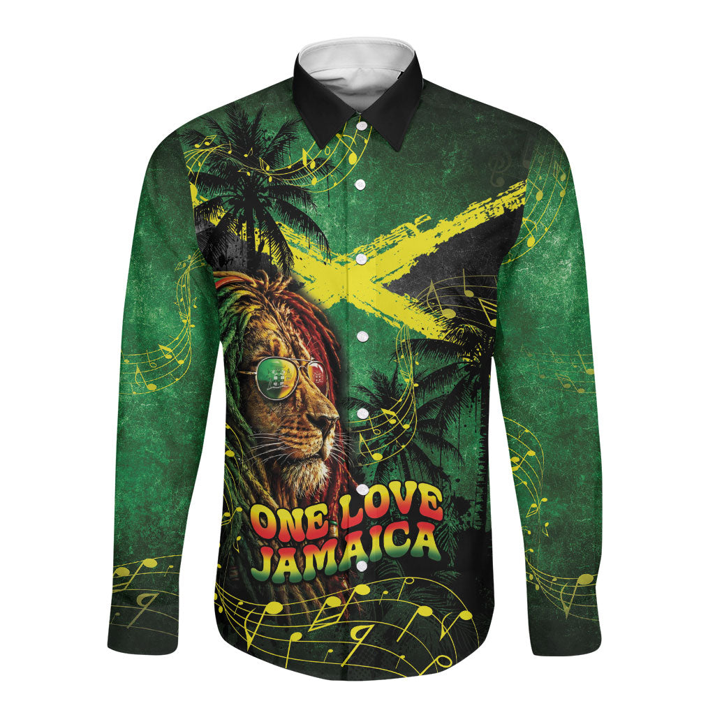 One Love Jamaica Long Sleeve Button Shirt Rastafarian Lion Reggae Grunge Style