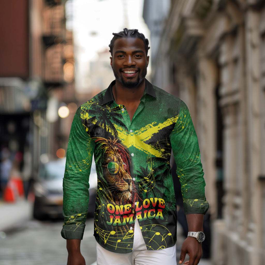 One Love Jamaica Long Sleeve Button Shirt Rastafarian Lion Reggae Grunge Style