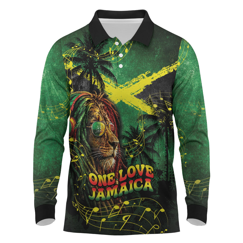 One Love Jamaica Long Sleeve Polo Shirt Rastafarian Lion Reggae Grunge Style