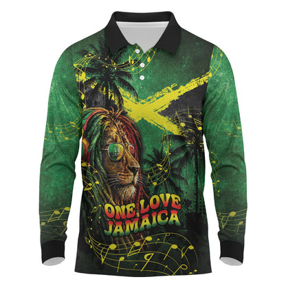 One Love Jamaica Long Sleeve Polo Shirt Rastafarian Lion Reggae Grunge Style