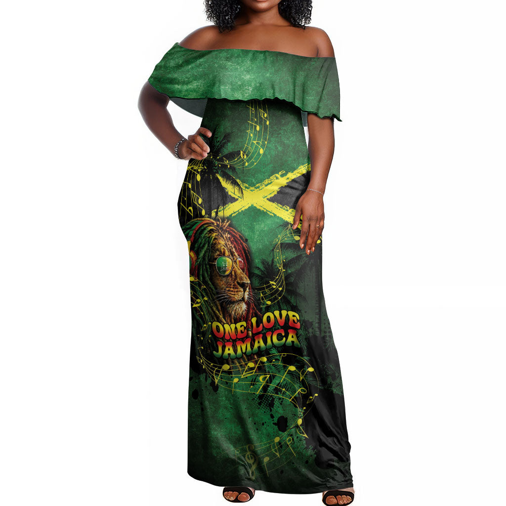 One Love Jamaica Off Shoulder Maxi Dress Rastafarian Lion Reggae Grunge Style