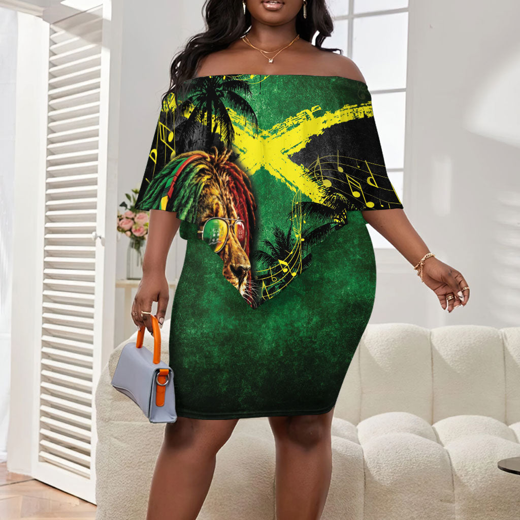 One Love Jamaica Off Shoulder Short Dress Rastafarian Lion Reggae Grunge Style